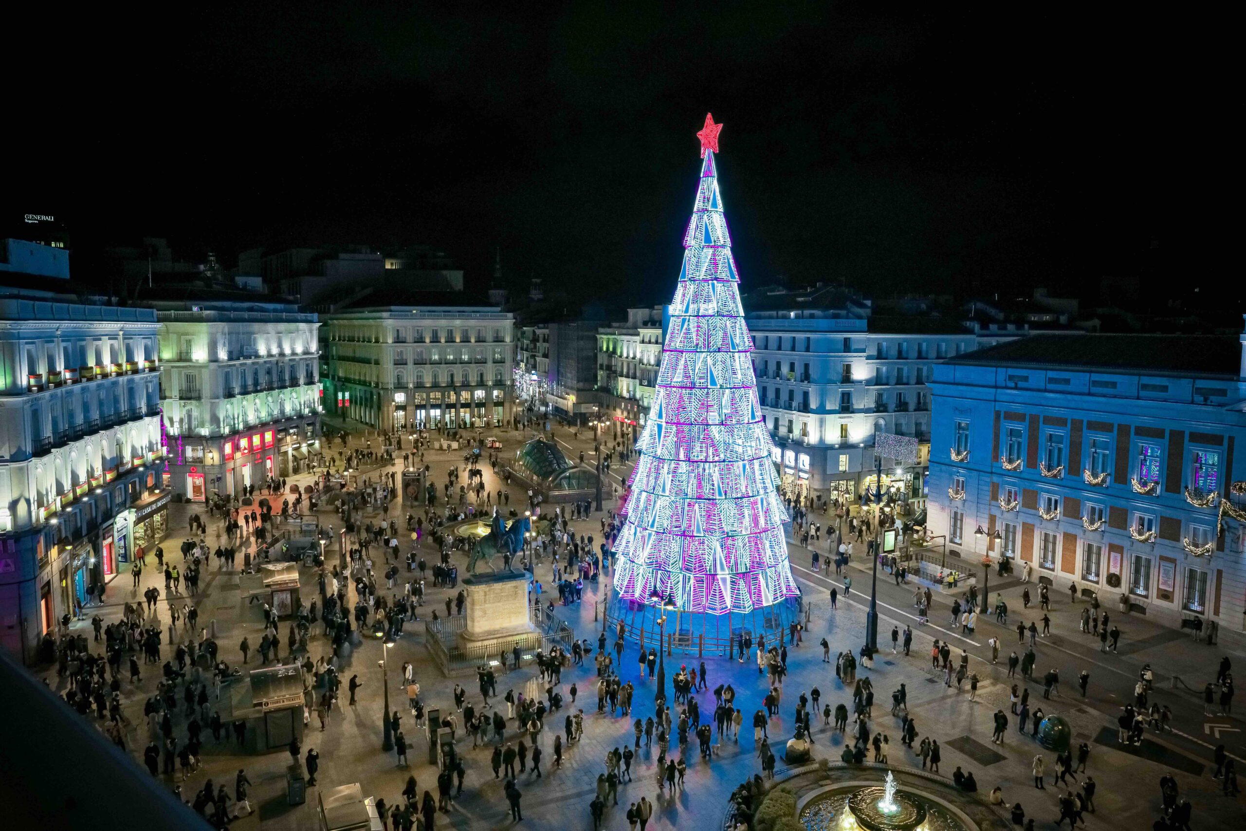 Christmas in Puerta del Sol, in the city of Madrid with lighting and typical decoration