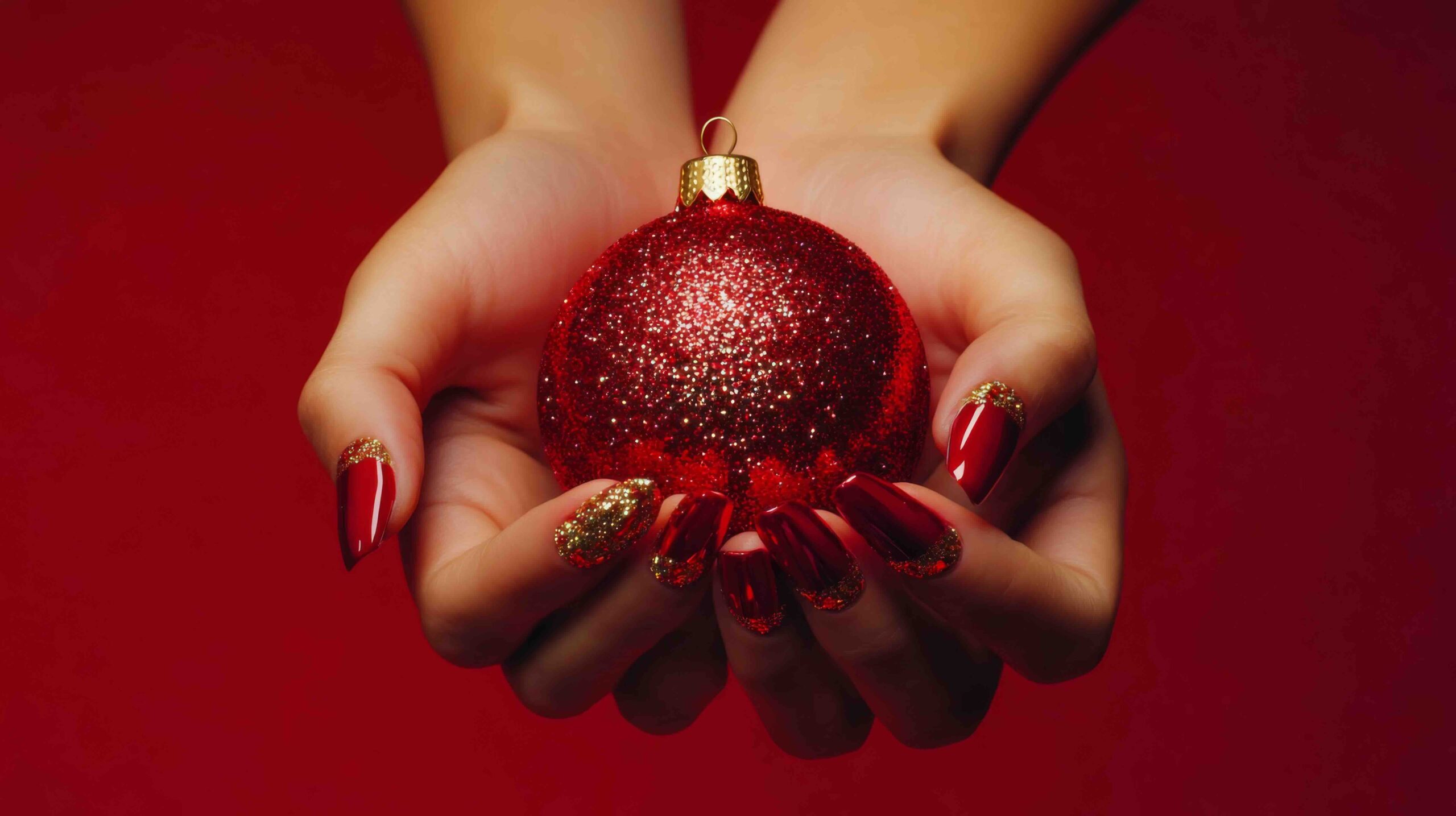unghie-natalizie-rosse-glitter-pallina-oro