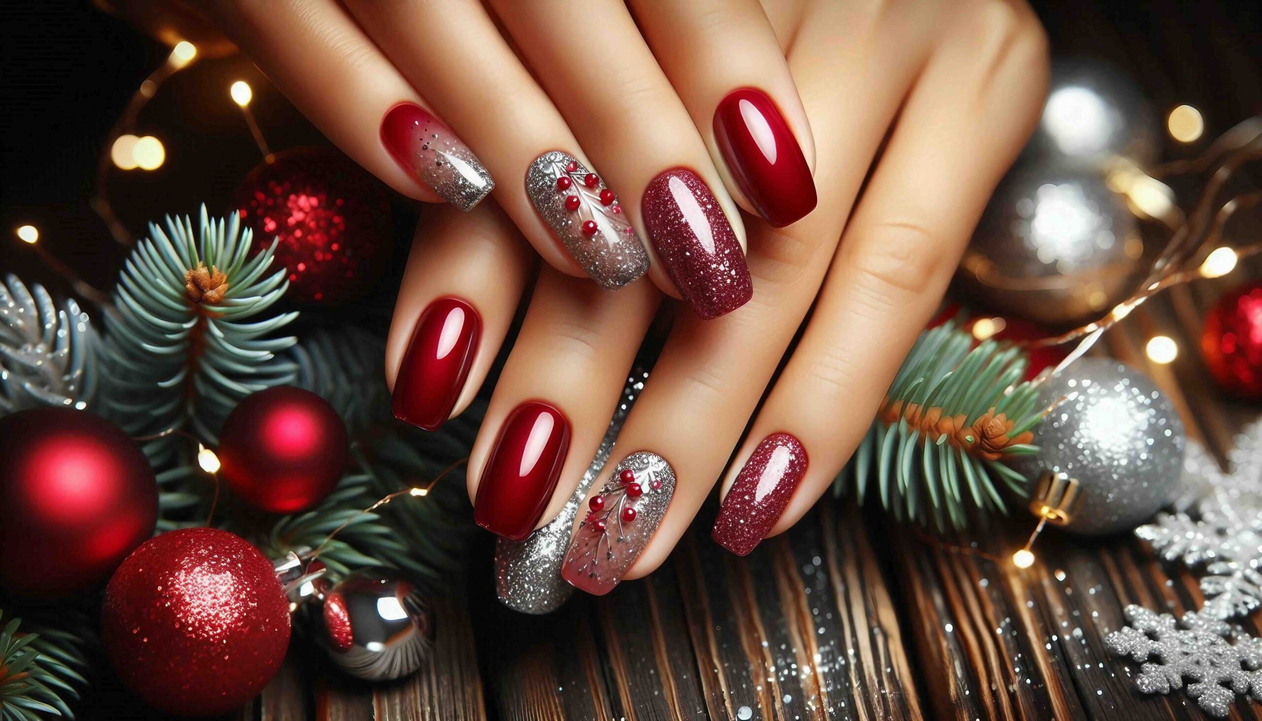 unghie-rosse-argento-glitter
