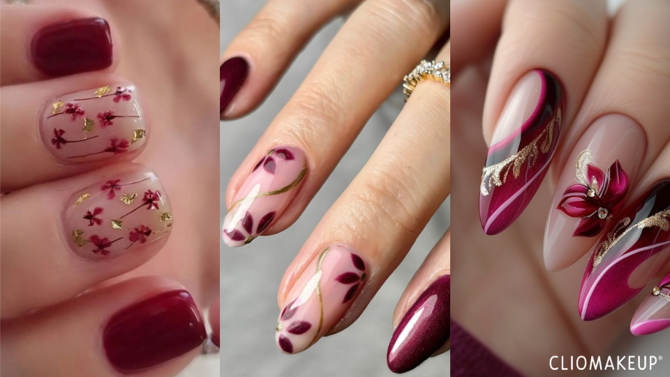 smalto-burgundy-quali-scegliere-idee-nail-art-sofisticate-burgundy-dettagli-fiori