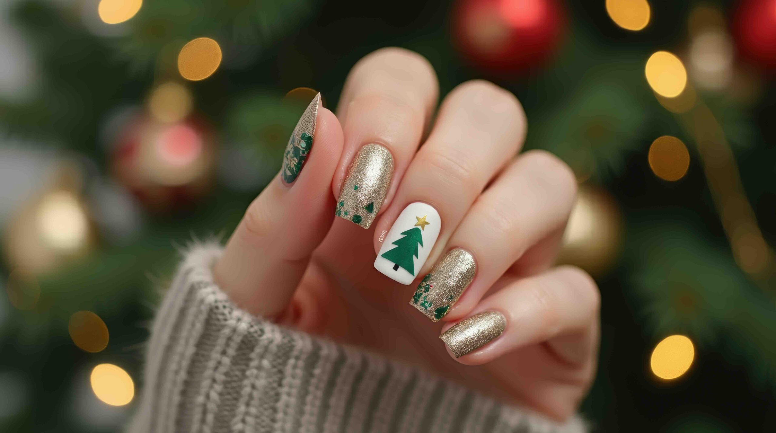 unghie-gel-natalizie-quadrate-decorazioni-albero-glitter